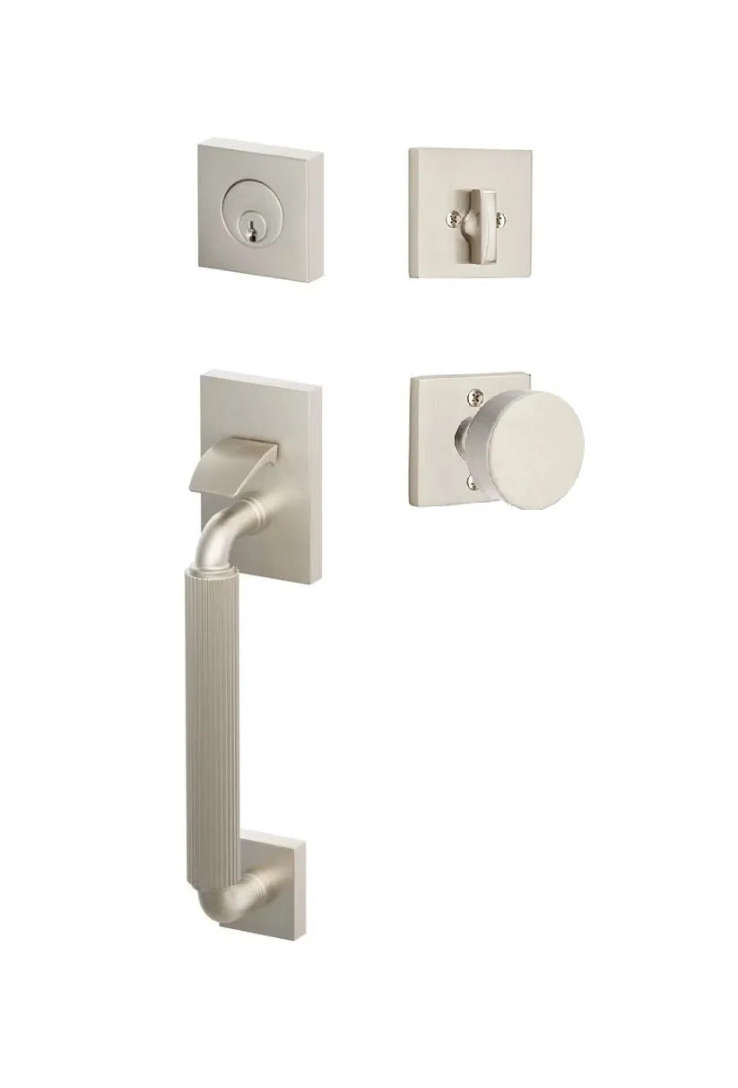 Emtek SELECT R-Bar Stem, Straight Knurled Grip Sectional Tubular Entry Set with Round Knob in Satin Nickel finish