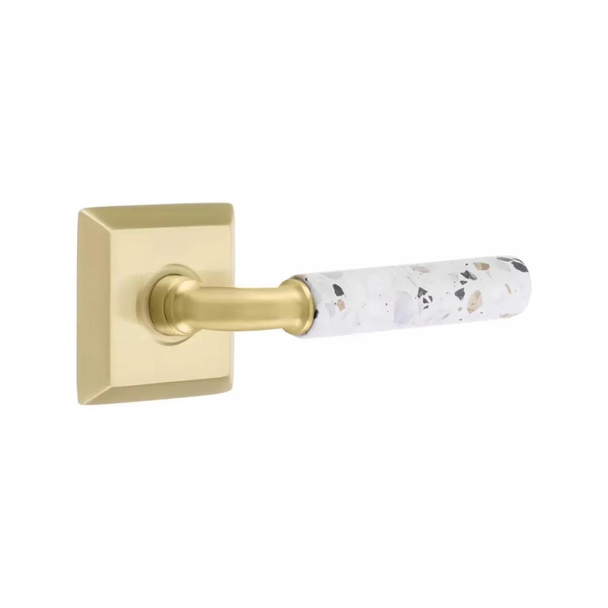 Emtek Select R-Bar Terrazzo Lever with Quincy Rosette Satin Brass