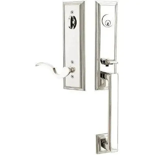 Emtek Wilshire Tubular Entrance Handleset With Cortina Lever in Lifetime Polished Nickel finish