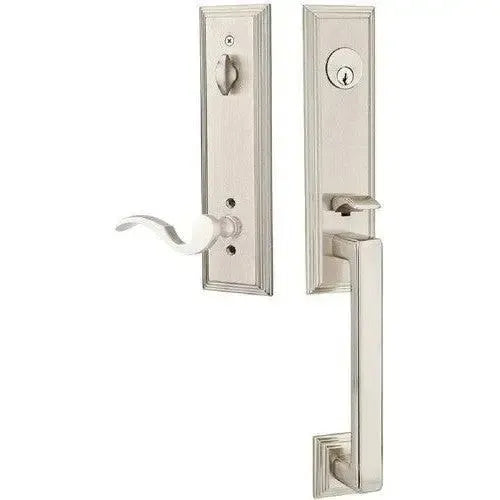 Emtek Wilshire Tubular Entrance Handleset With Cortina Lever in Satin Nickel finish