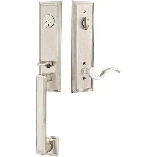 Emtek Wilshire Tubular Entrance Handleset With Cortina Lever in Satin Nickel finish