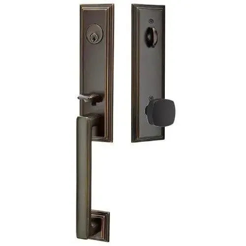 EmtekEmtek Wilshire Tubular Entrance Handleset With Freestone Square Knob in