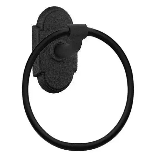 Emtek Wrought Steel Towel Ring With #1 Rosette in Flat Black Steel finish