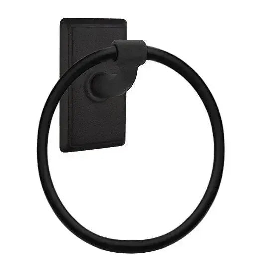 Emtek Wrought Steel Towel Ring With #3 Rosette in Flat Black Steel finish