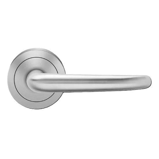 The Karcher Elba Privacy Lever with Round 3 Piece Rosette-2 ⅜″ Backset in Satin Stainless Steel finish