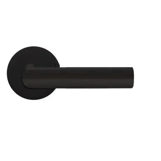 Karcher Design Iceland Passage Lever with Round Plan Design Rosette-2 ¾″ Backset in Cosmos Black finish