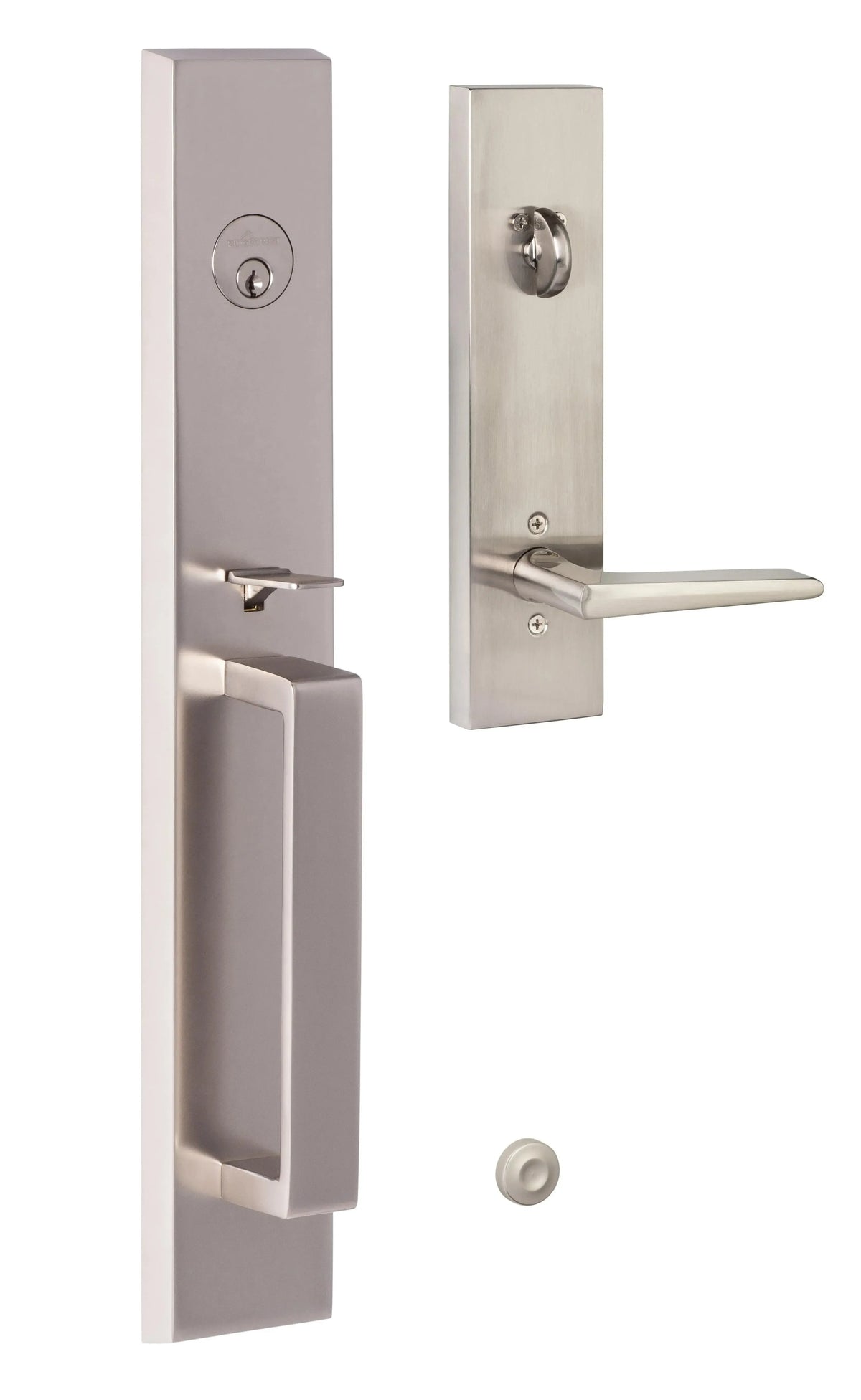 Ridgecrest Vail Handleset with Basel Lever Handleset Trim in Satin Nickel finish
