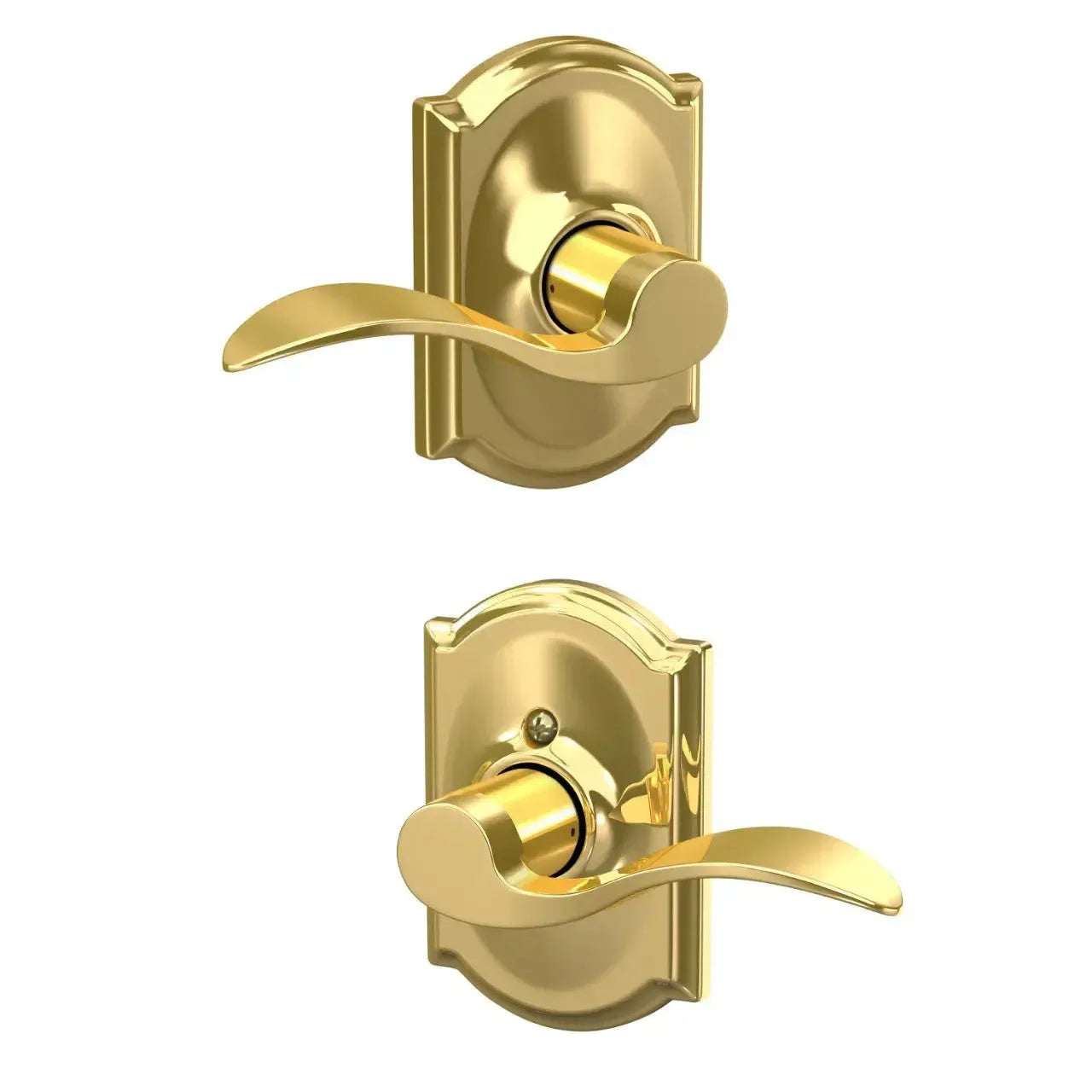 Schlage Accent Lever with Camelot Rosette in Lifetime Brass finish