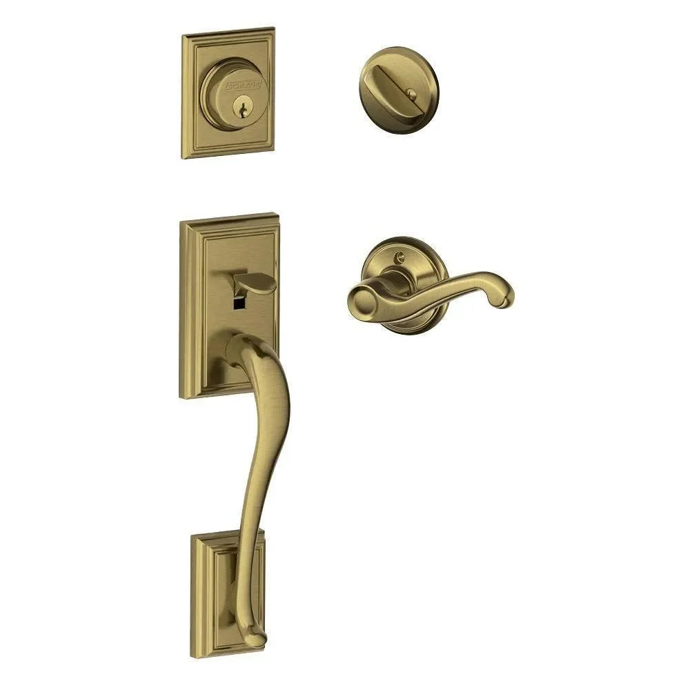Schlage Addison Single Cylinder Handleset with Handed Flair Lever Antique Brass