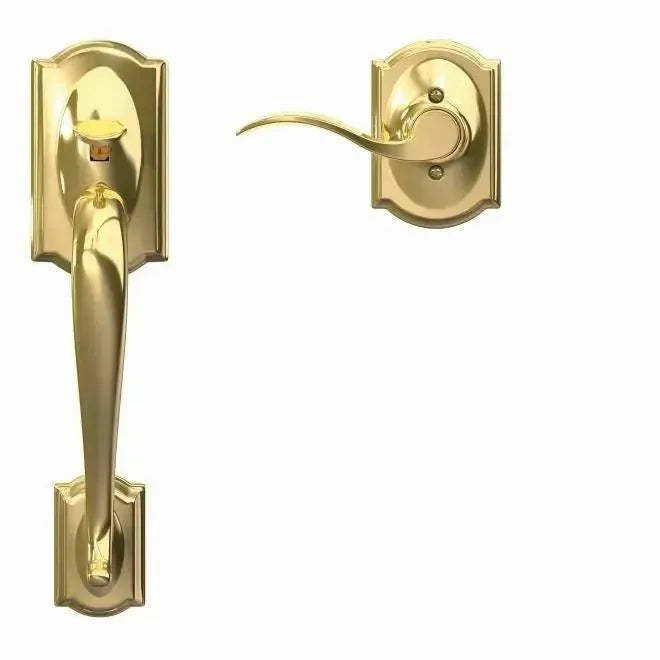 Schlage Camelot Bottom Half Handleset with Accent Lever and Camelot Rosette in Bright Brass finish