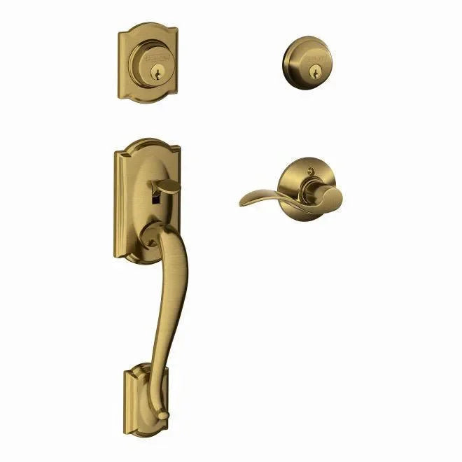 Schlage Right Hand Camelot Double Cylinder Handleset With Accent Lever Antique Brass