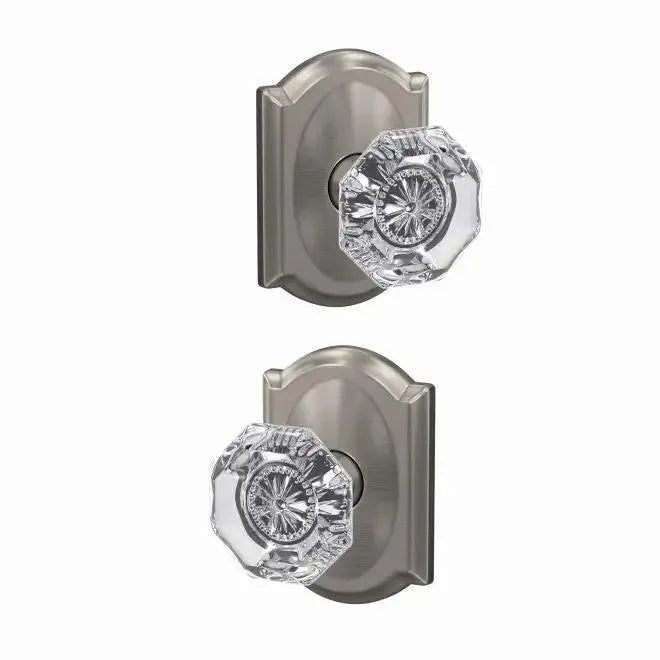 Schlage Custom Alexandria Glass Knob with Camelot Rosette in Satin Nickel finish