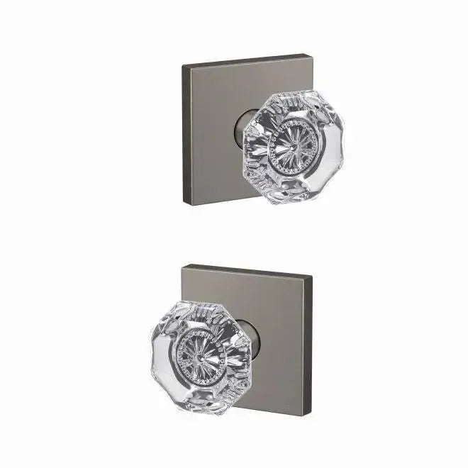 Schlage Custom Alexandria Glass Knob with Collins Rosette in Satin Nickel finish
