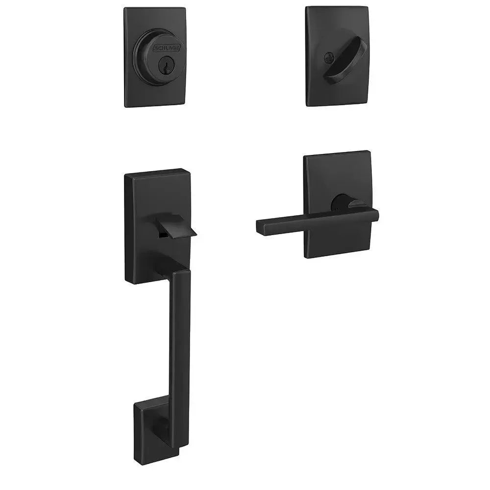 Schlage Custom Century Single Cylinder Handleset and Interior Latitude Lever with Century Trim in Flat Black finish