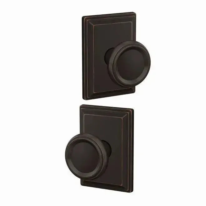 Schlage Custom Passage and Privacy Offerman Knob with Grandville Rosette in Aged Bronze finish