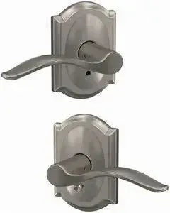 Schlage Custom Passage and Privacy Pennant Lever with Camelot Rosette in Satin Nickel finish