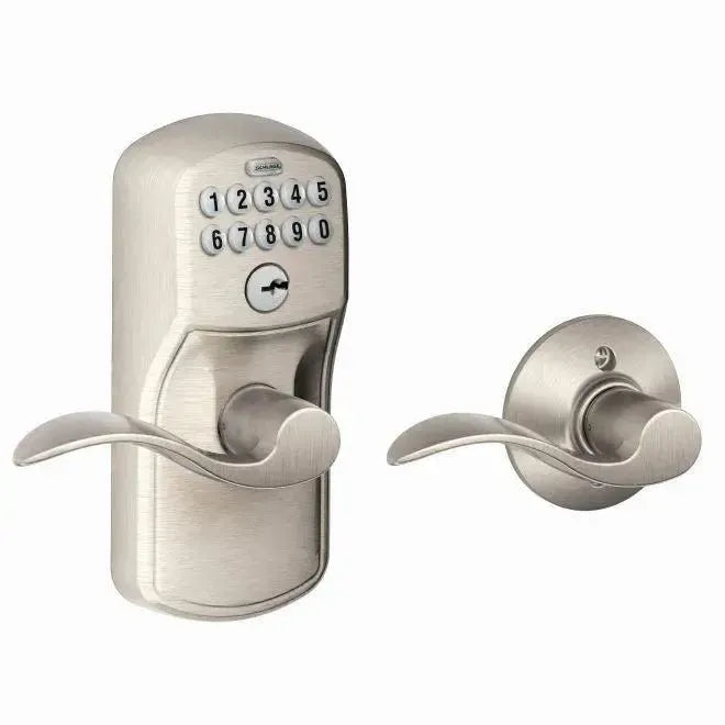Schlage Electronic Keypad Lever with Plymouth Trim and Accent Lever with Auto Lock in Satin Nickel finish