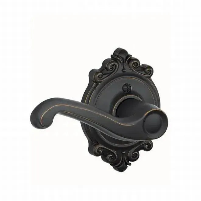 Schlage Flair Dummy Lever with Brookshire Rosette Interior Trim in Aged Bronze finish