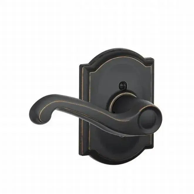 Schlage Flair Dummy Lever with Camelot Rosette Interior Trim in Aged Bronze finish