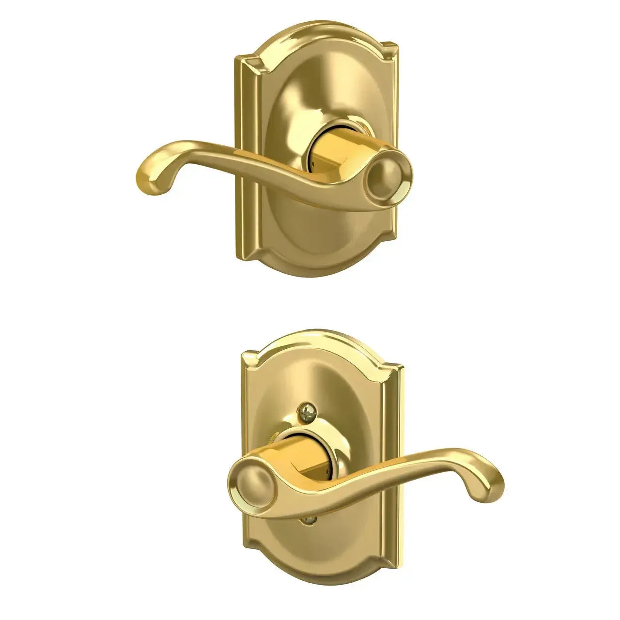 Schlage Flair Lever with Camelot Rosette in Bright Brass finish