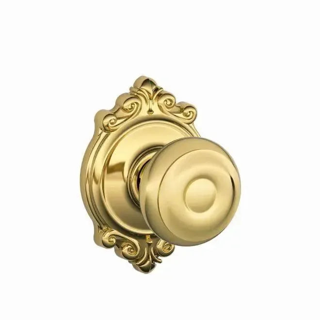 Schlage Georgian Knob with Brookshire Rosette in Lifetime Brass finish