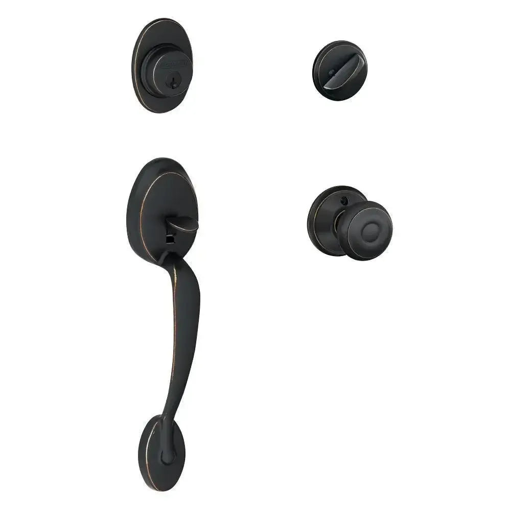 Schlage Plymouth Handleset with Georgian Knob in Aged Bronze finish