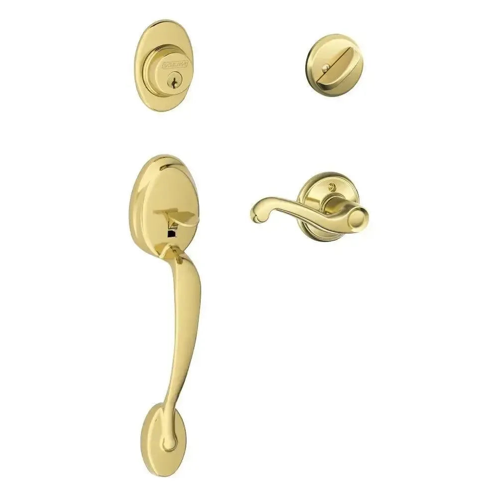 Schlage Plymouth Single Cylinder Handleset with Flair Lever in Lifetime Brass finish
