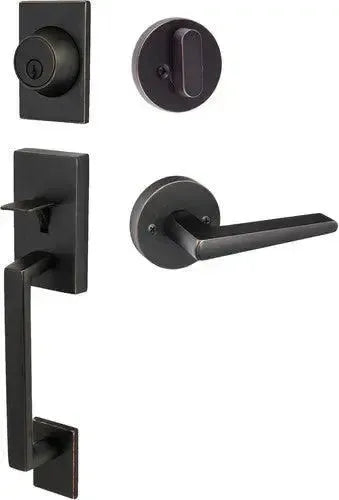 Sure-Loc Koln Handleset With Round Thumb Turn, Basel Round Lever Interior Trim in Vintage Bronze finish