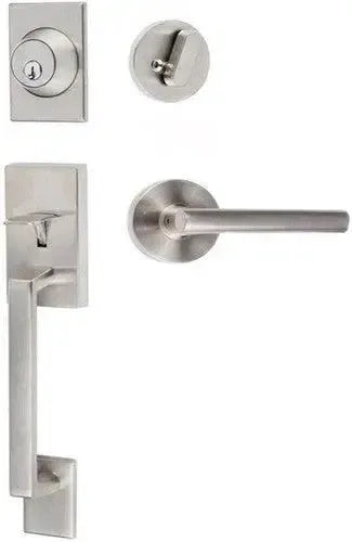 Sure-Loc Koln Handleset With Round Thumb Turn, Juneau Interior Trim Lever Satin Nickel