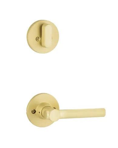 The Yale Expressions Single Cylinder Owen Interior Trim Pack with Holden Lever-Exterior Trim Sold Separately in Satin Brass finish.