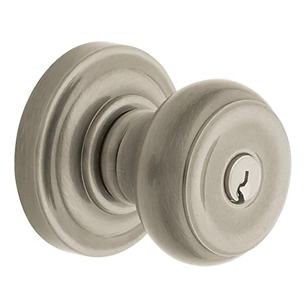 Baldwin Estate 5210 Keyed Colonial Knob with Classic Rose in Lifetime Satin Nickel finish