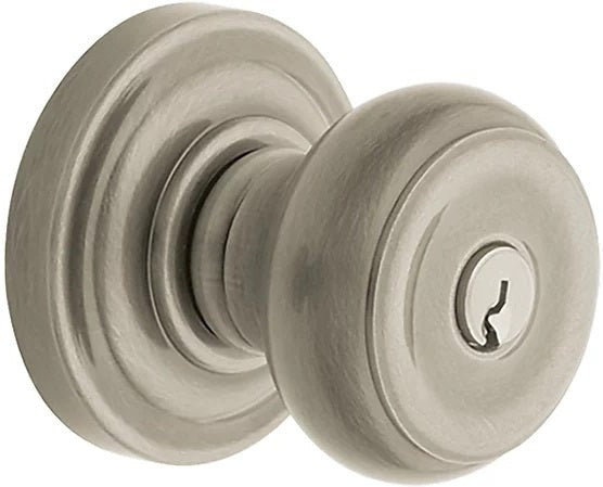 Baldwin Estate 5210 Keyed Colonial Knob with Classic Rosette in Lifetime Satin Nickel finish