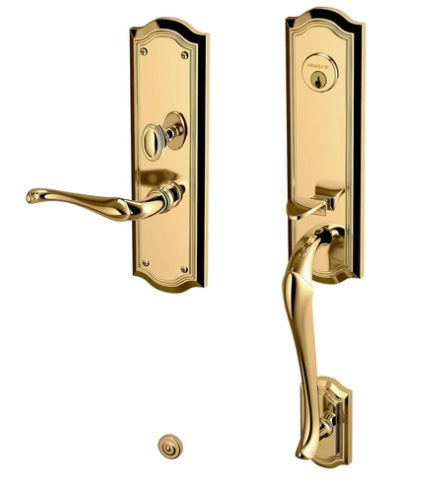 Baldwin Estate Bethpage Mortise Handleset Trim with Interior Right Handed Lever in Unlacquered Brass finish