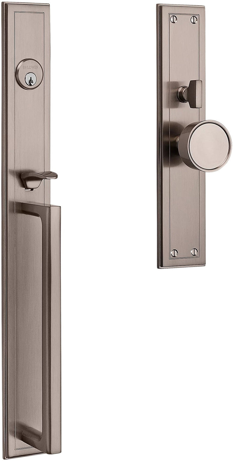 Baldwin Estate Hollywood Hills Mortise Handleset Entrance Trim with Interior K008 Knob in Lifetime Satin Nickel finish