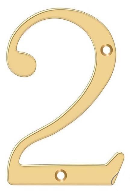 Deltana 4" House Number, Solid Brass, No. 2 in PVD Polished Brass finish
