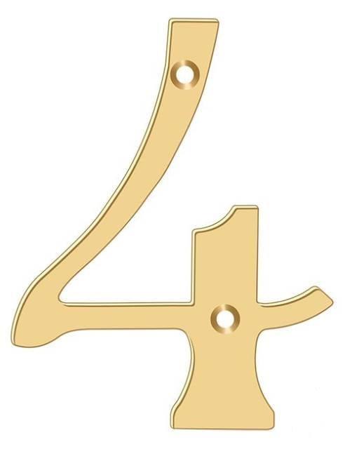 Deltana 4" House Number, Solid Brass, No. 4 in PVD Polished Brass finish