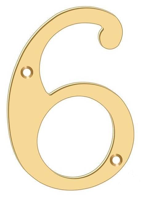 Deltana 4" House Number, Solid Brass, No. 6 in PVD Polished Brass finish