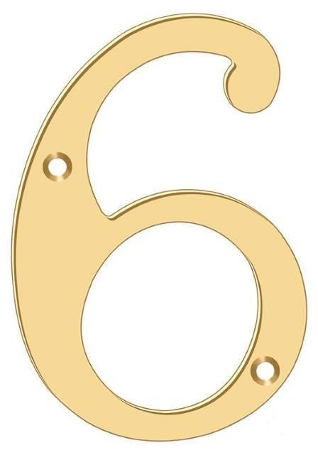 Deltana 6" House Number, Solid Brass, No. 6 in PVD Polished Brass finish
