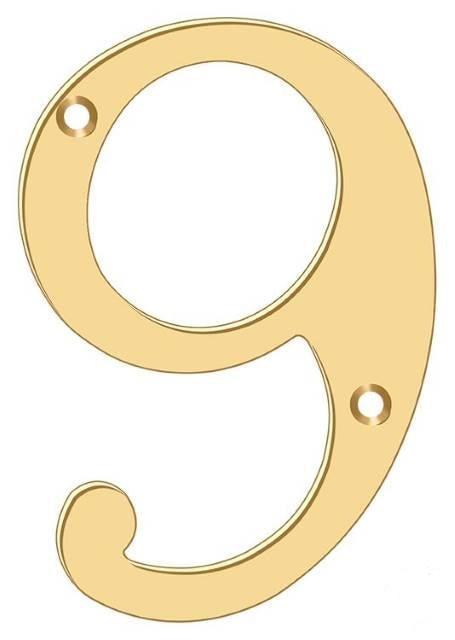 Deltana 6" House Number, Solid Brass, No. 9 in PVD Polished Brass finish