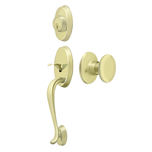 Deltana Entry Riversdale Handleset with Flat Round Knob in Polished Brass finish
