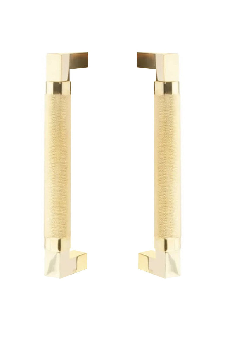 Emtek Back to Back Hercules Knurled Door Pull, 8" Center to Center in Unlacquered Brass finish