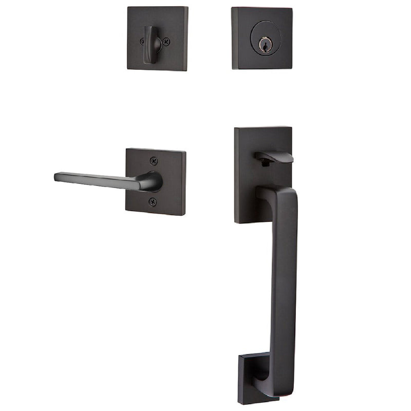 Emtek Baden Tubular Entrance Handleset with Helios Lever in Flat Black finish