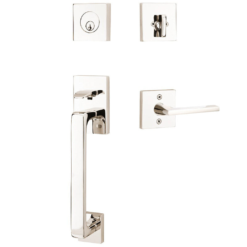 Emtek Baden Tubular Entrance Handleset with Helios Lever in Lifetime Polished Nickel finish