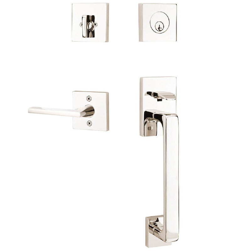 Emtek Baden Tubular Entrance Handleset with Helios Lever in Lifetime Polished Nickel finish