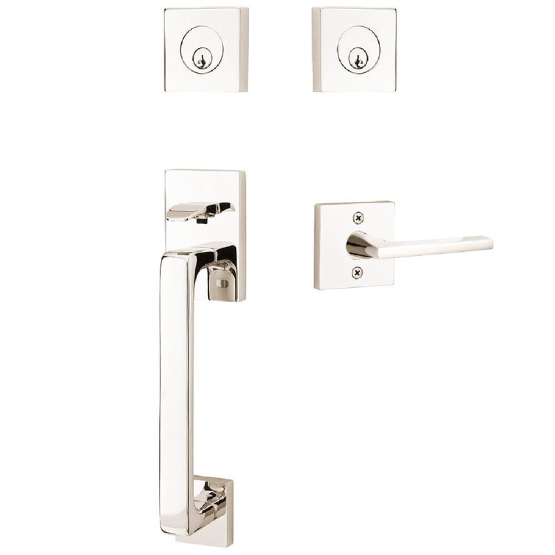 Emtek Baden Tubular Entrance Handleset with Helios Lever in Lifetime Polished Nickel finish