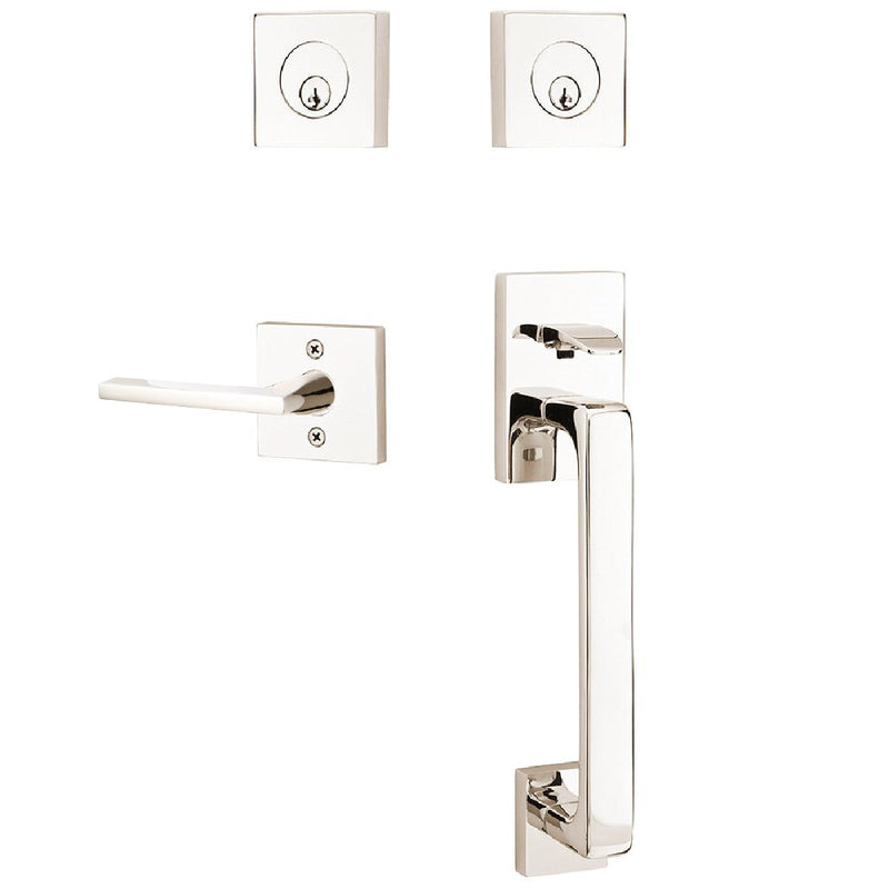 Emtek Baden Tubular Entrance Handleset with Helios Lever in Lifetime Polished Nickel finish