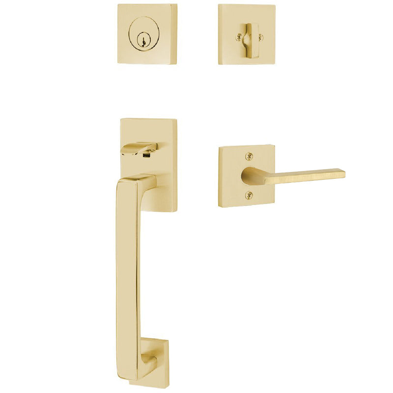 Emtek Baden Tubular Entrance Handleset with Helios Lever in Satin Brass finish