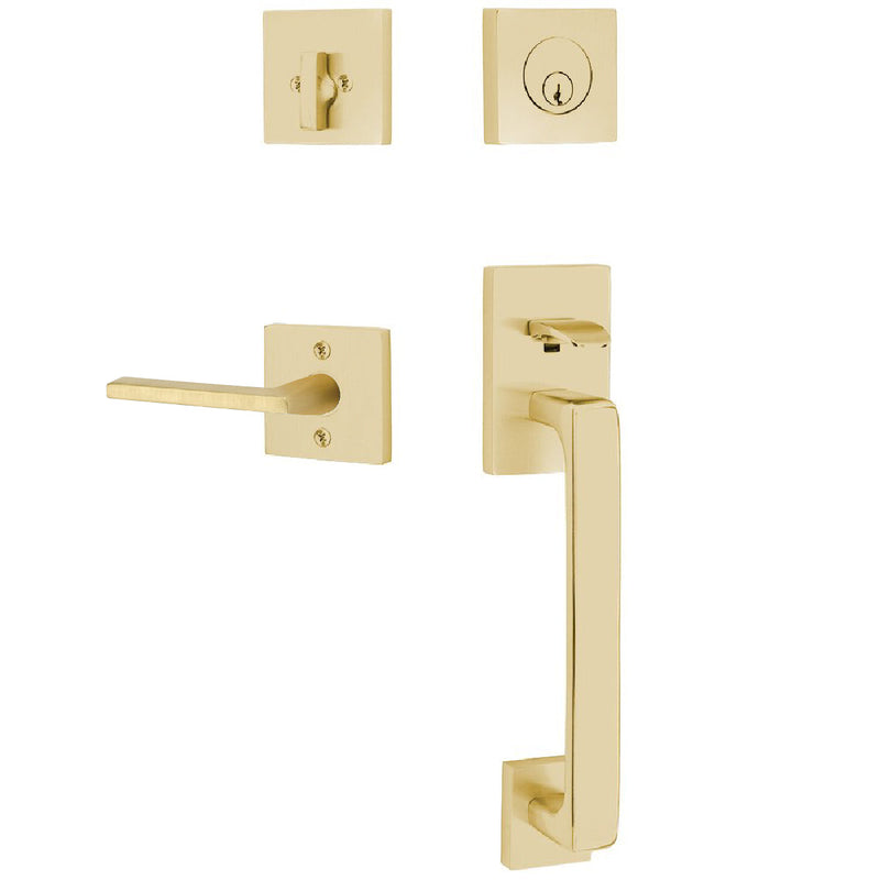 Emtek Baden Tubular Entrance Handleset with Helios Lever in Satin Brass finish