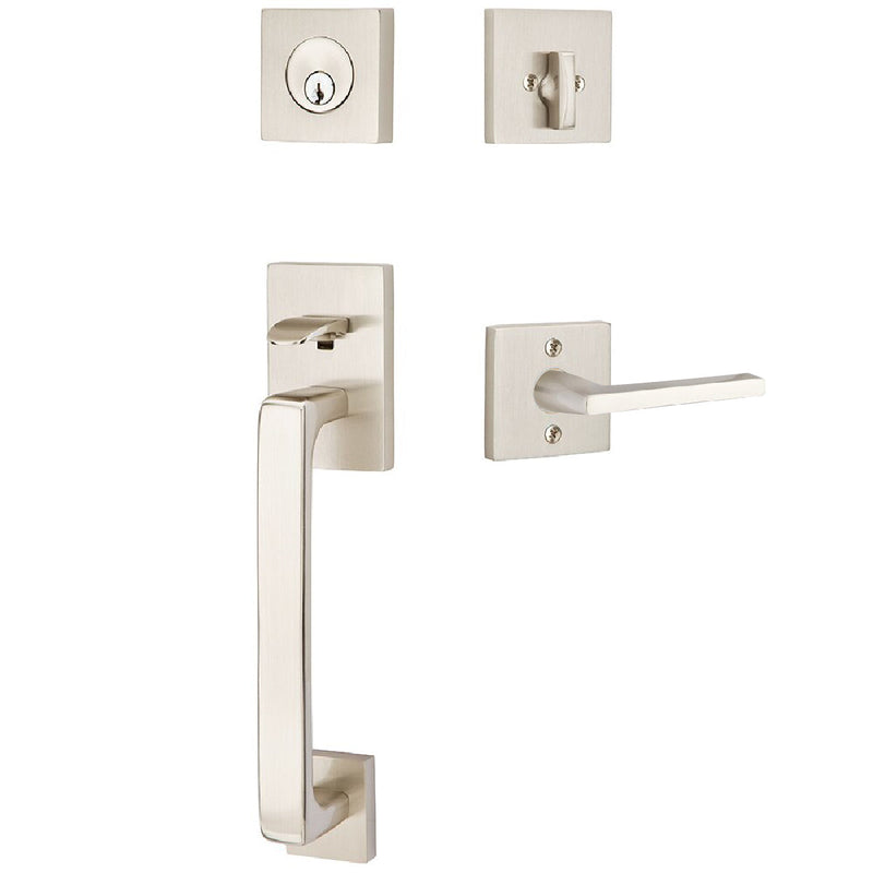 Emtek Baden Tubular Entrance Handleset with Helios Lever in Satin Nickel finish