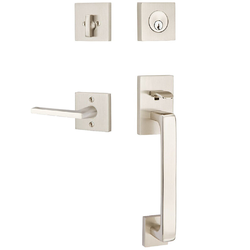 Emtek Baden Tubular Entrance Handleset with Helios Lever in Satin Nickel finish